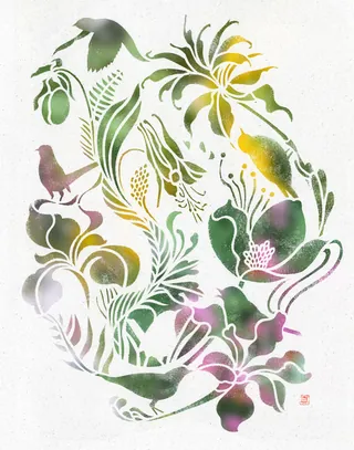 Hand-cut stencil of colorful birds and plants