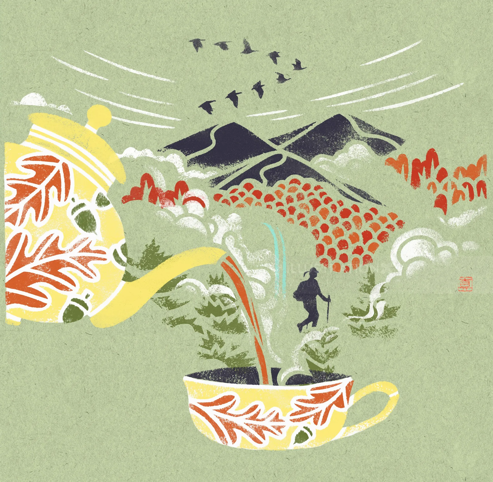 Autumn leaves pour from a teapot into a cup in nature scene