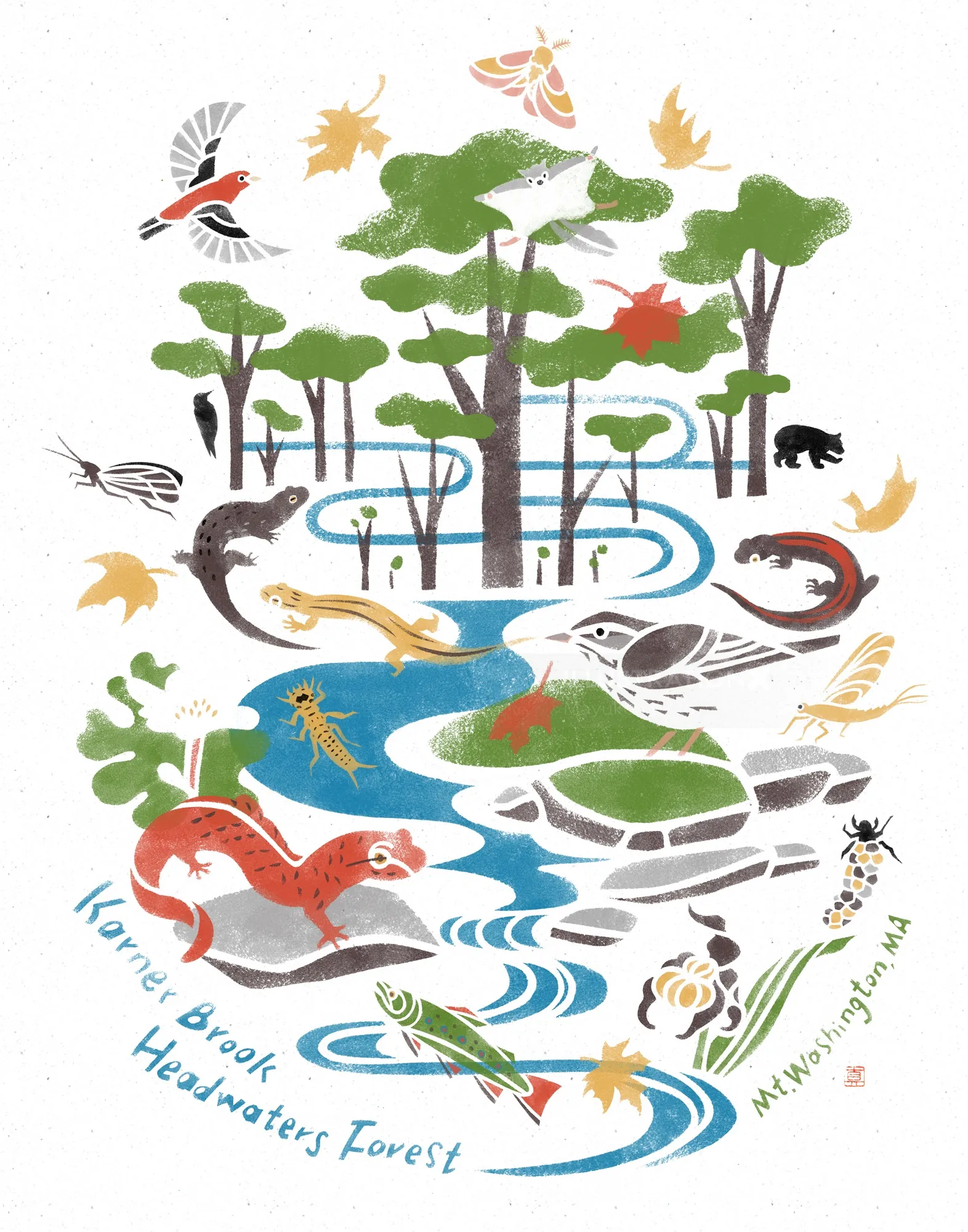 Stencil illustration of animals and trees in Karner Brook forest