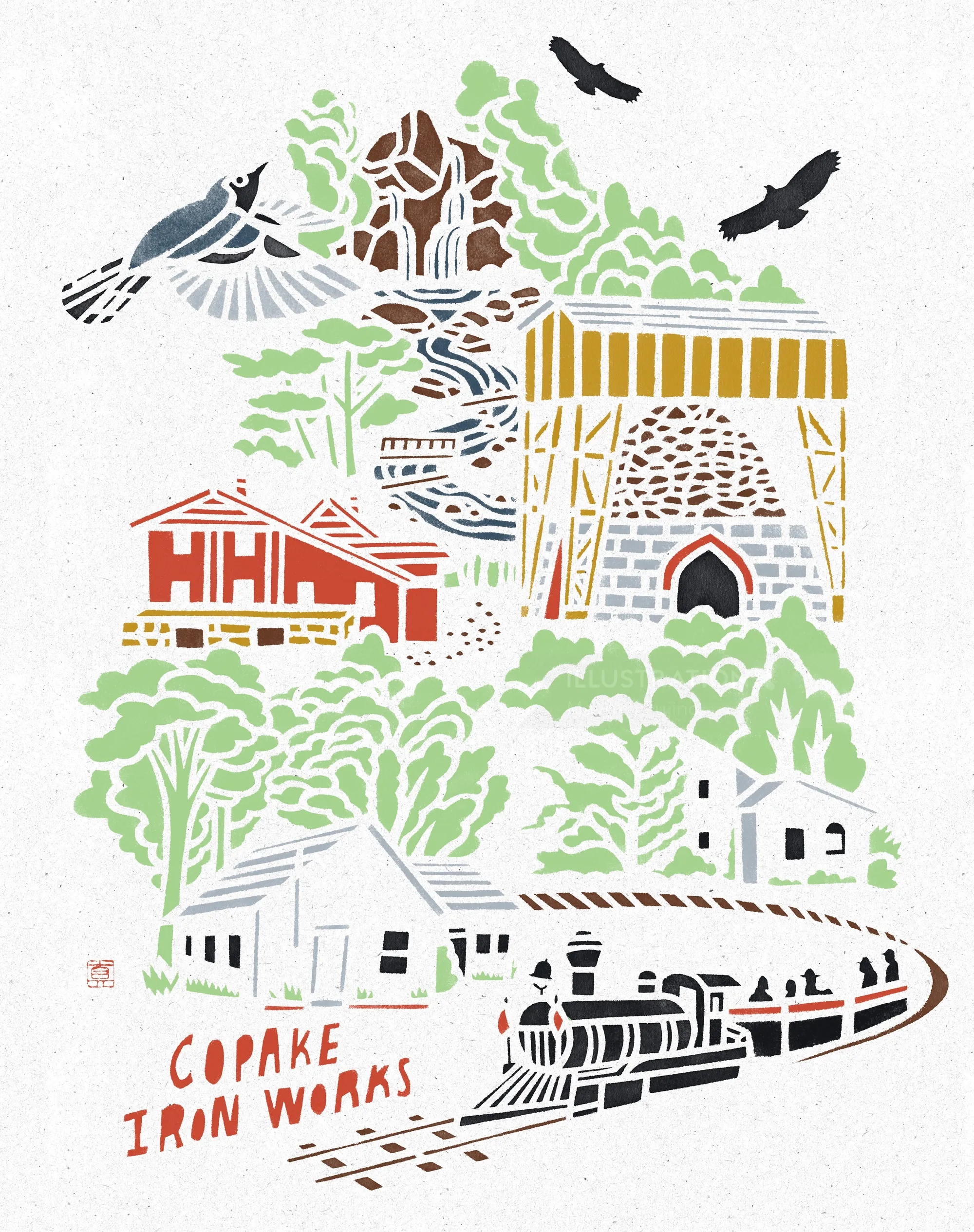 Hand-cut stencil illustration of Copake Iron Works with buildings and birds