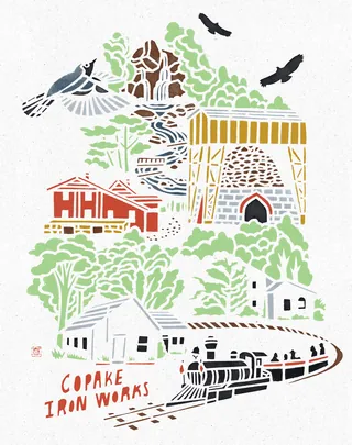 Hand-cut stencil illustration of Copake Iron Works with buildings and birds