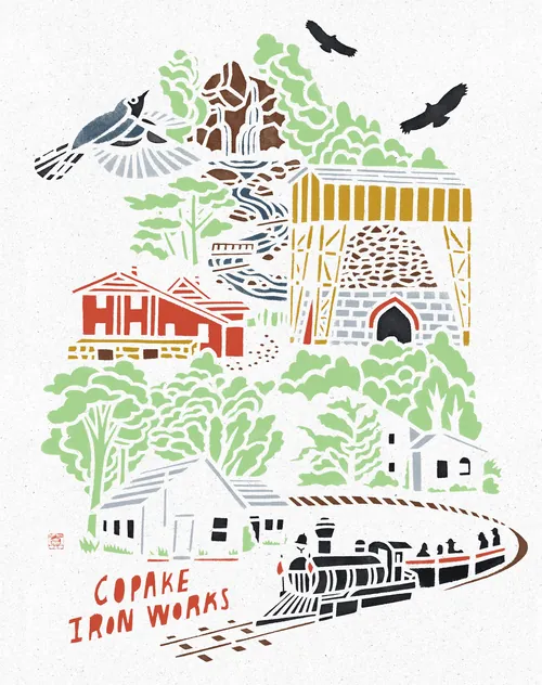 Hand-cut stencil illustration of Copake Iron Works with buildings and birds