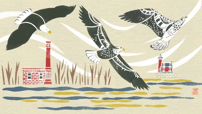 Stencil illustration of bald eagles flying over Hudson River near lighthouses