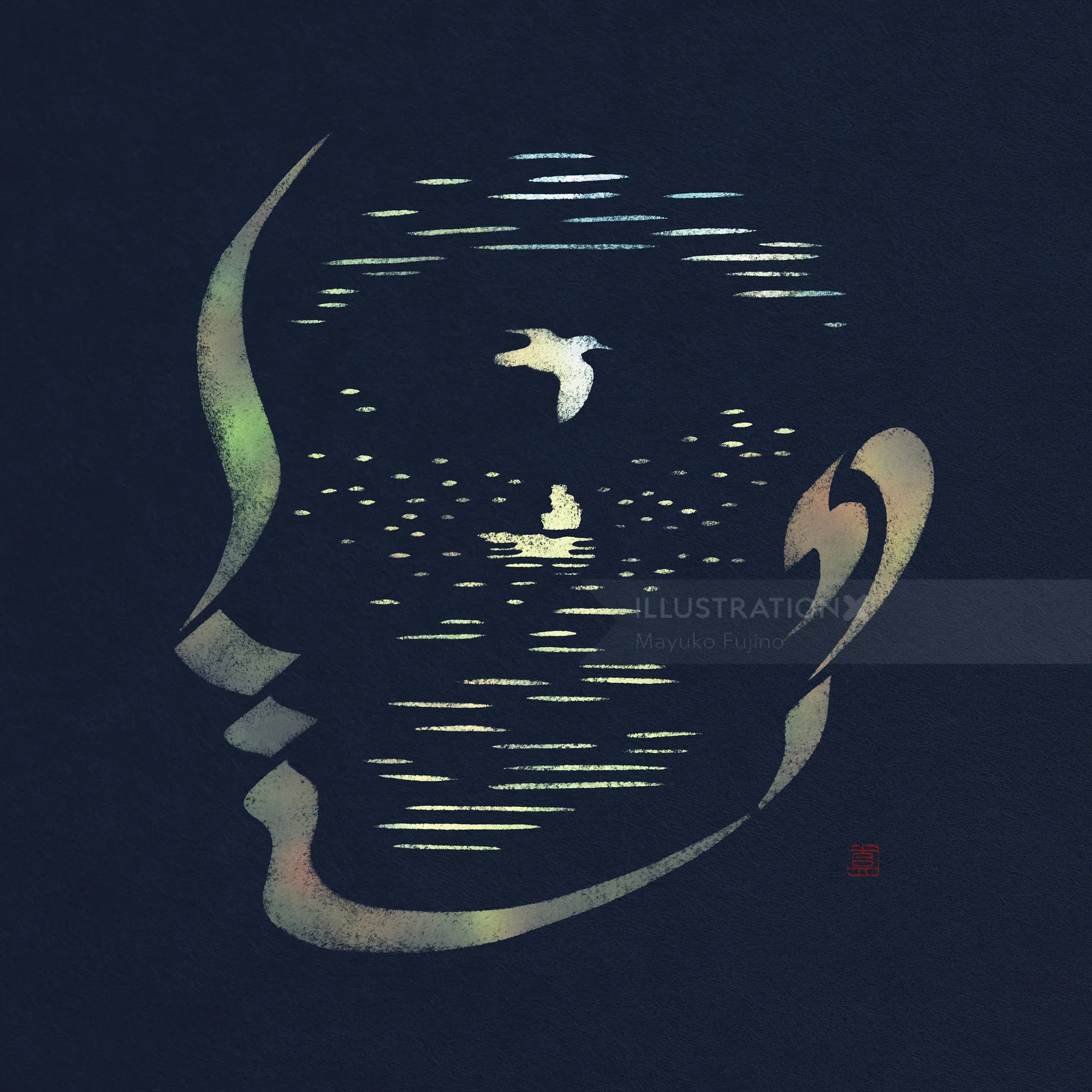 Head silhouette with birds flying across a serene water scene by Mayuko Fujino