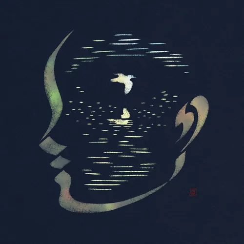 Head silhouette with birds flying across a serene water scene by Mayuko Fujino
