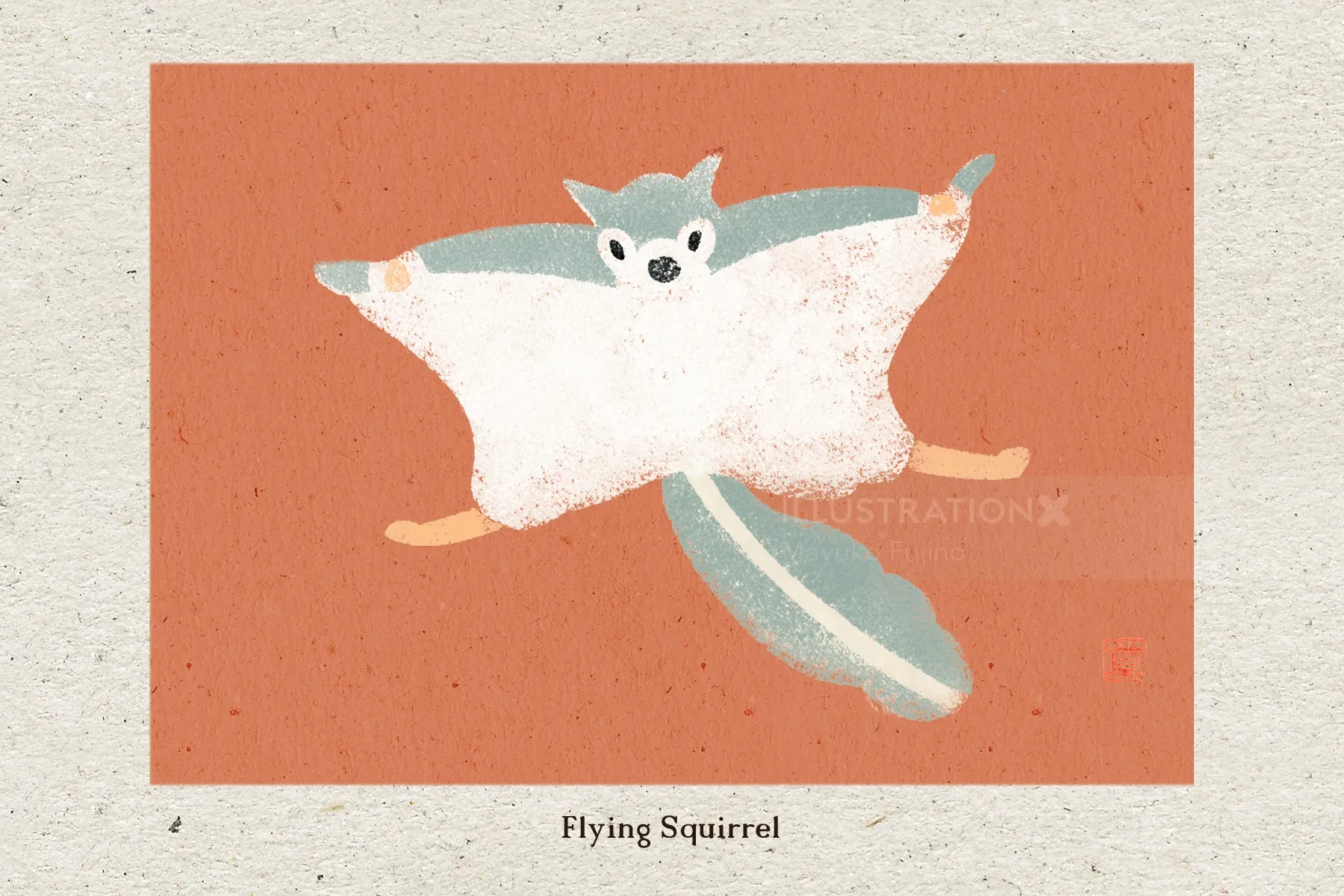 Flying squirrel in mid-glide, hand-cut stencil by Mayuko Fujino