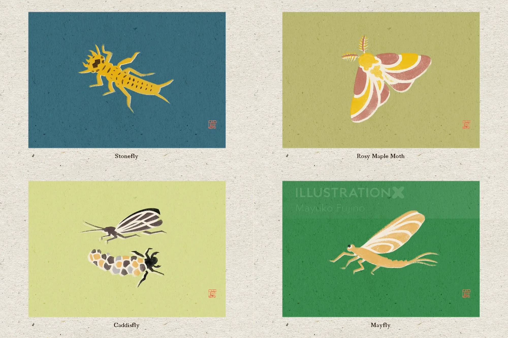 Hand-cut stencil illustration of four insects by Mayuko Fujino