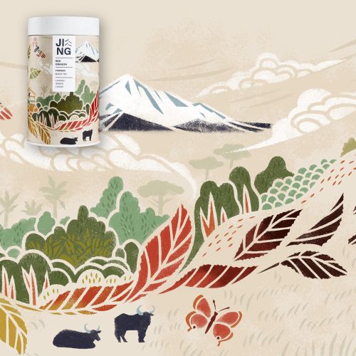Tea package with Yunnan mountain and nature stencil design by Mayuko Fujino
