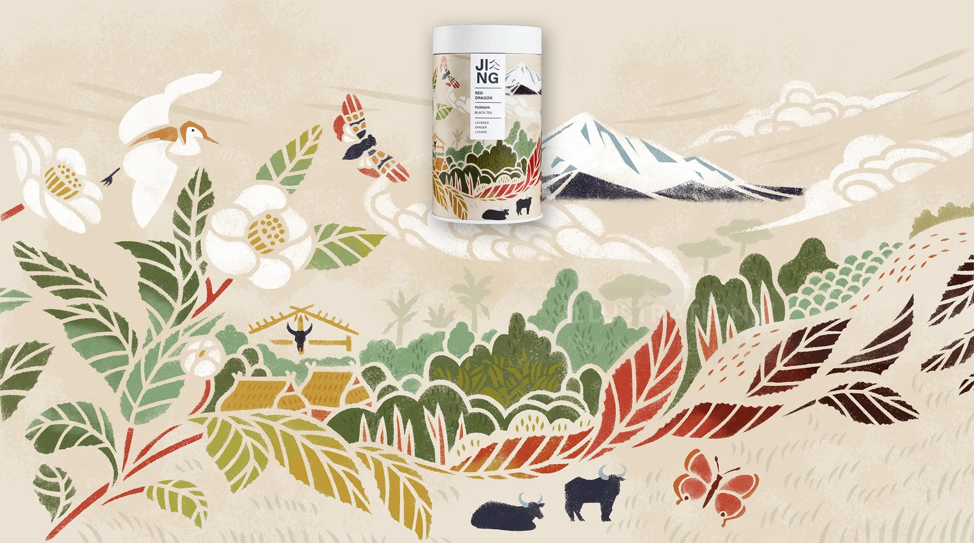 Tea package with Yunnan mountain and nature stencil design by Mayuko Fujino