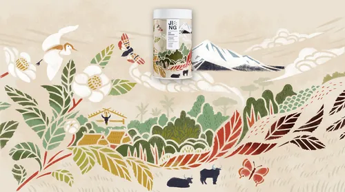 Tea package with Yunnan mountain and nature stencil design by Mayuko Fujino