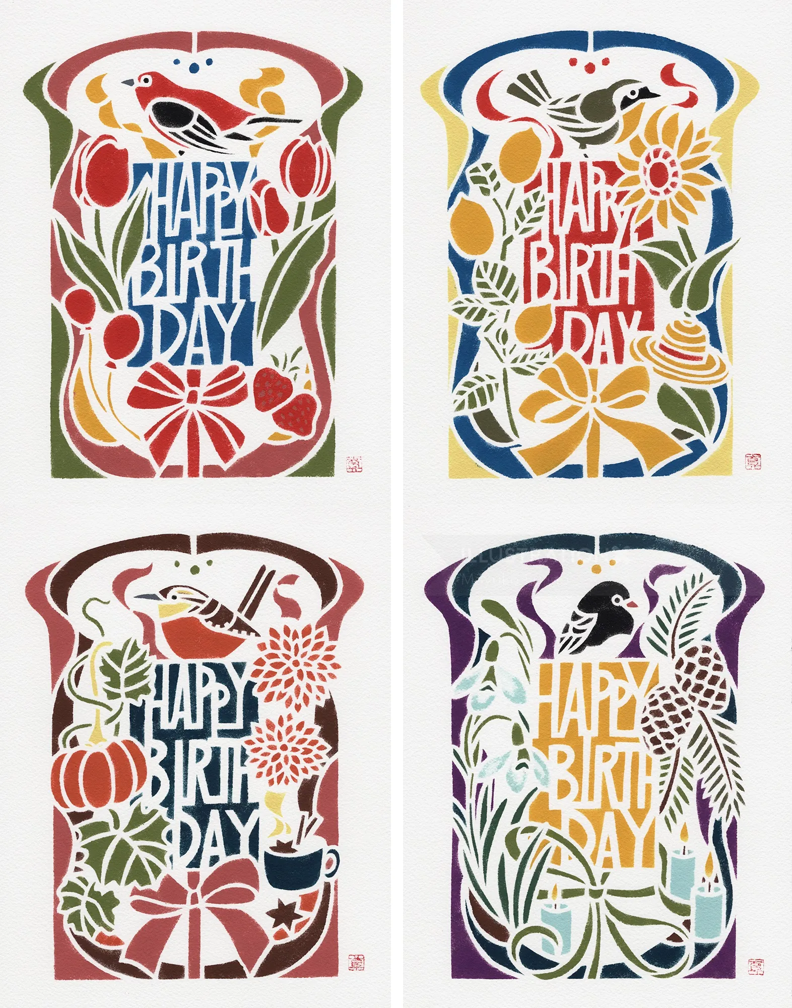 Four seasonal birthday card illustrations with birds and flowers by Mayuko Fujino