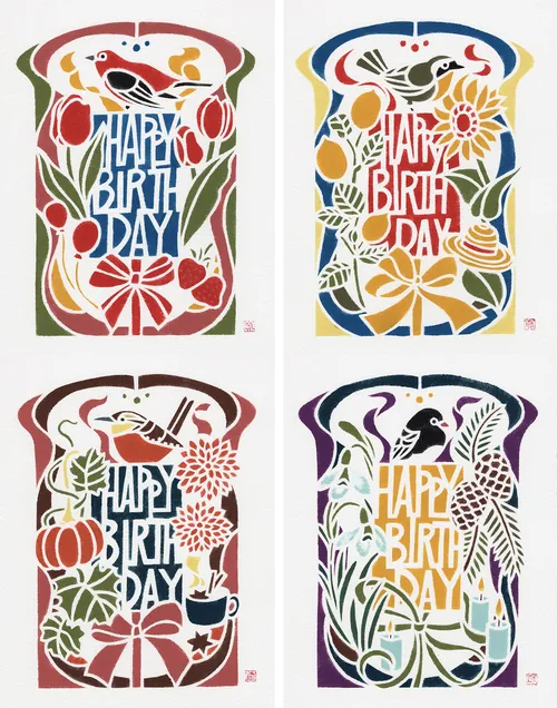 Four seasonal birthday card illustrations with birds and flowers by Mayuko Fujino
