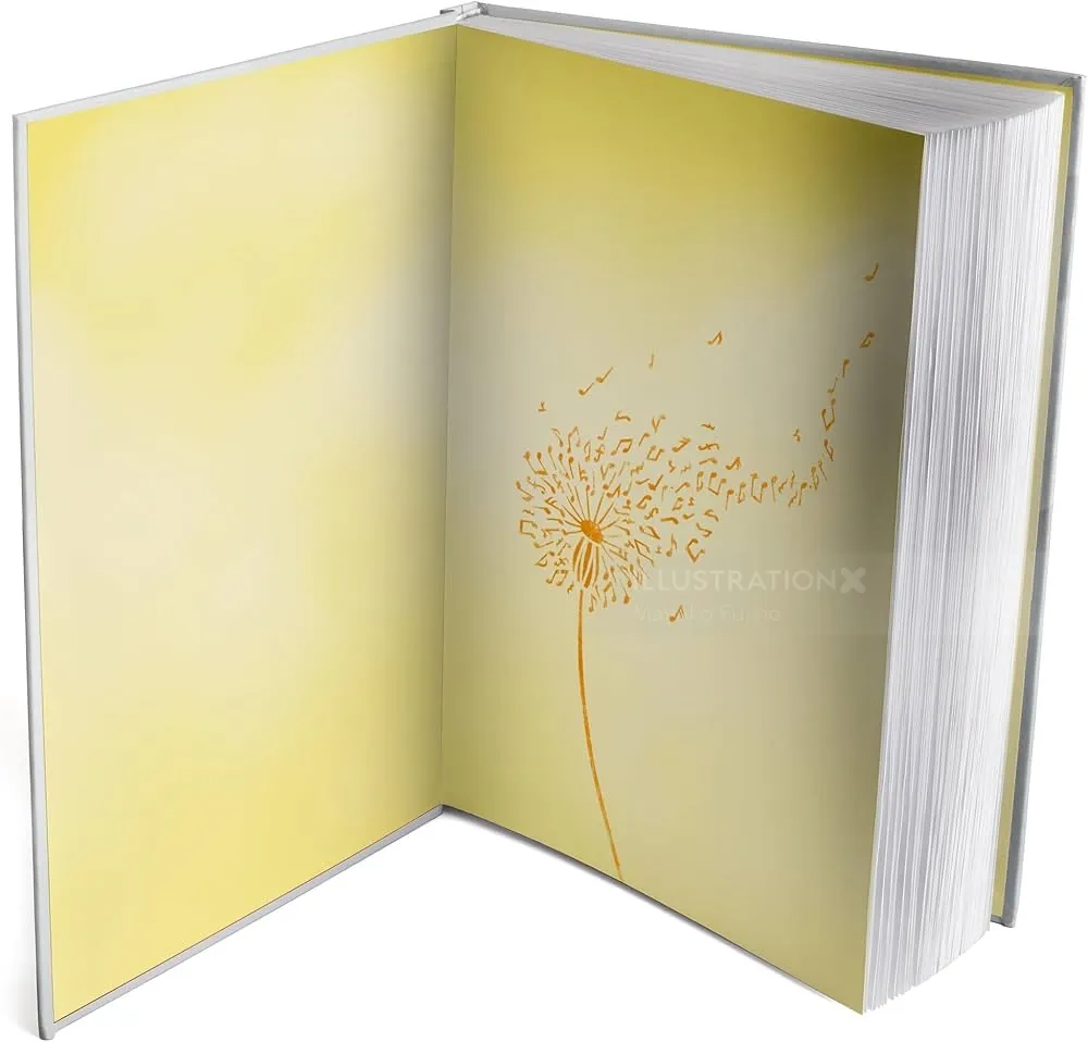 Dandelion seeds blowing across yellow background, illustration by Mayuko Fujino