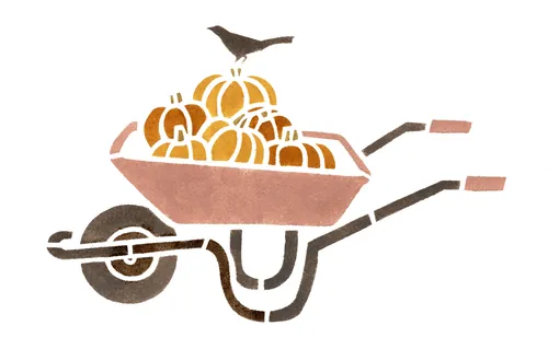 Stencil painting of a bird perched on pumpkins in a wheelbarrow by Mayuko Fujino