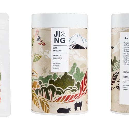Mayuko Fujino's illustrated Red Dragon Tea package with Yunnan landscape