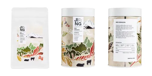 Mayuko Fujino's illustrated Red Dragon Tea package with Yunnan landscape