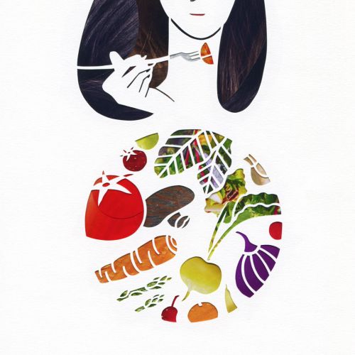 An illustration of a lady eating fruits