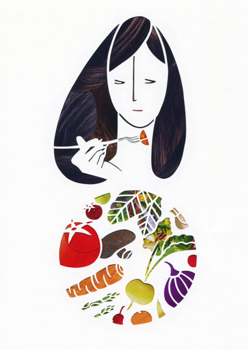 An illustration of a lady eating fruits