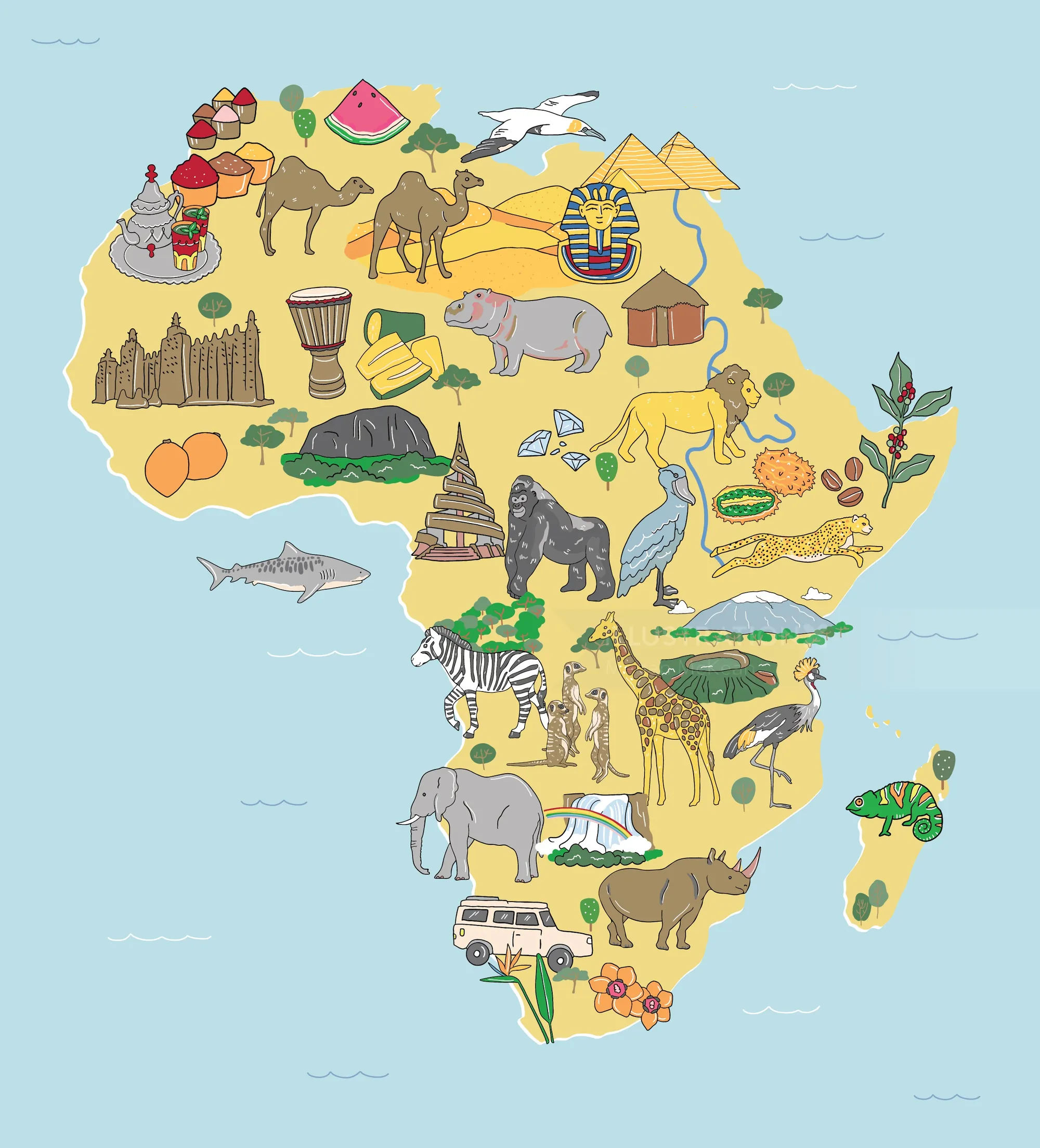 Cartoon-style Africa map with safari wildlife illustration
