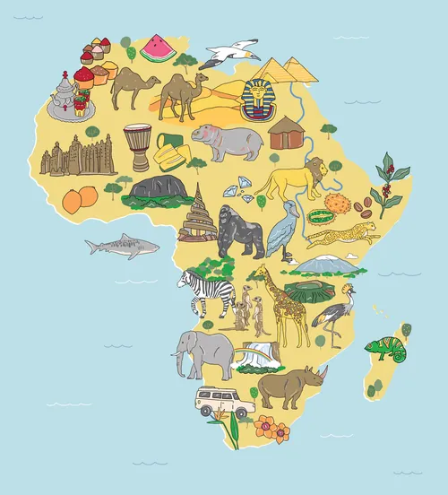 Cartoon-style Africa map with safari wildlife illustration