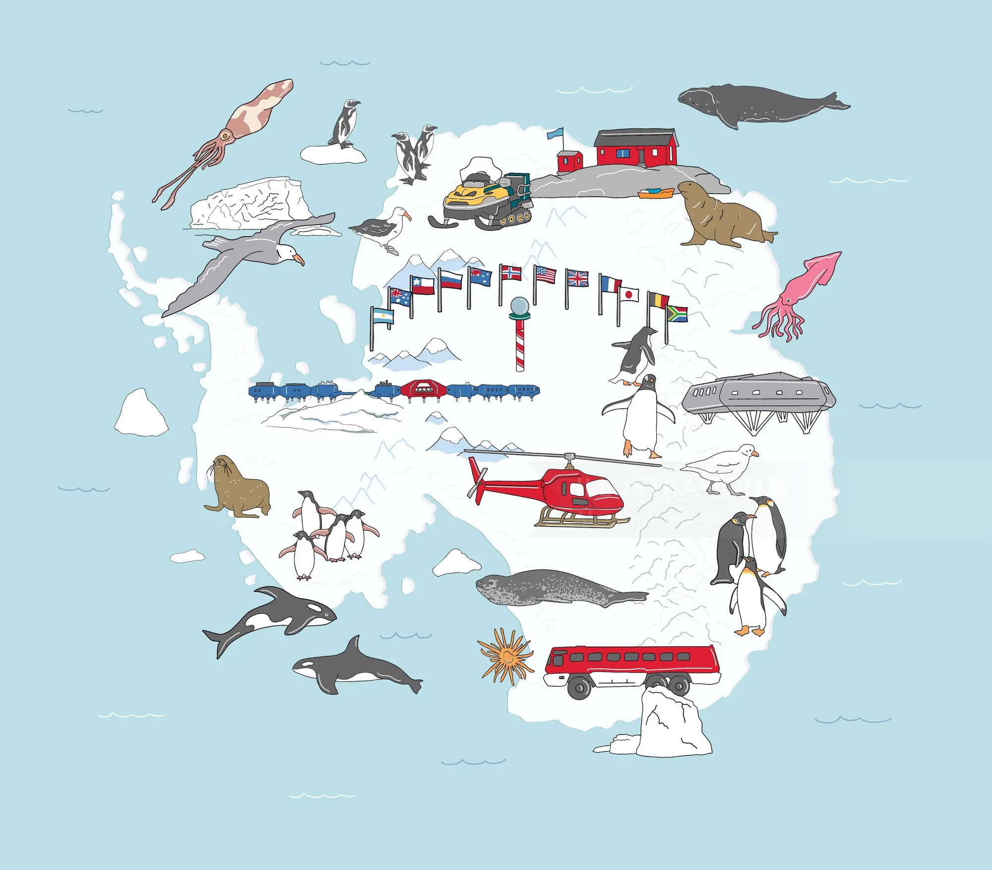 Illustrated Antarctica map showing animals, research vehicles, and landmarks by Megan McKean