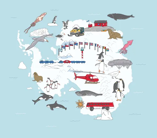 Illustrated Antarctica map showing animals, research vehicles, and landmarks by Megan McKean