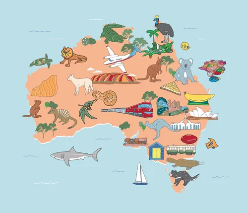 Colourful map of Australia with animals and habitats