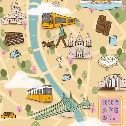 Stylised map showing Hungarian Parliament Building and Chain Bridge