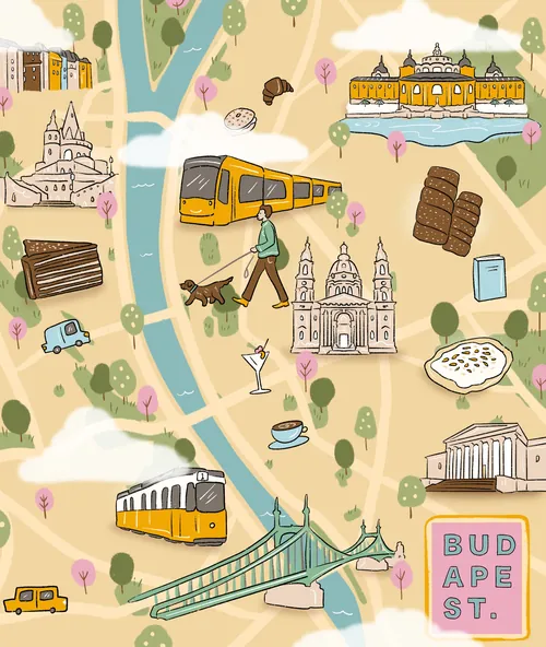 Stylised map showing Hungarian Parliament Building and Chain Bridge
