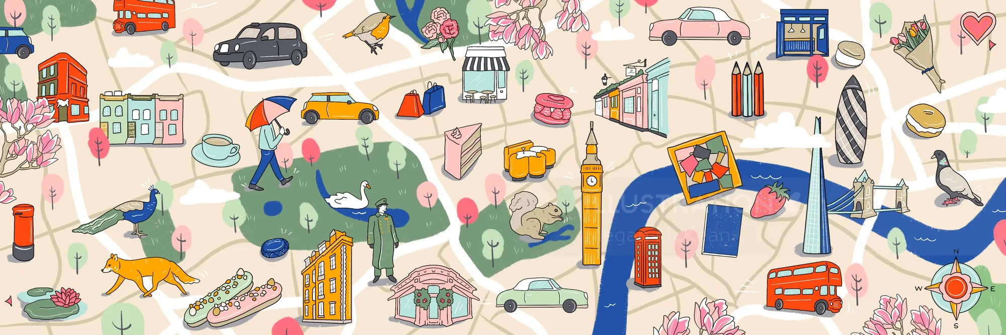 Colorful illustrated map with London landmarks and icons by Megan McKean