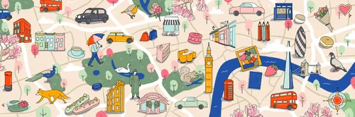 Colorful illustrated map with London landmarks and icons by Megan McKean