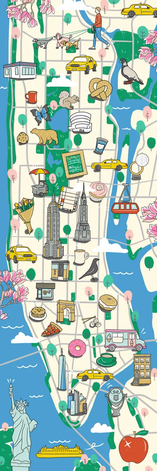 Colorful illustrated map of New York City with landmarks by Megan McKean