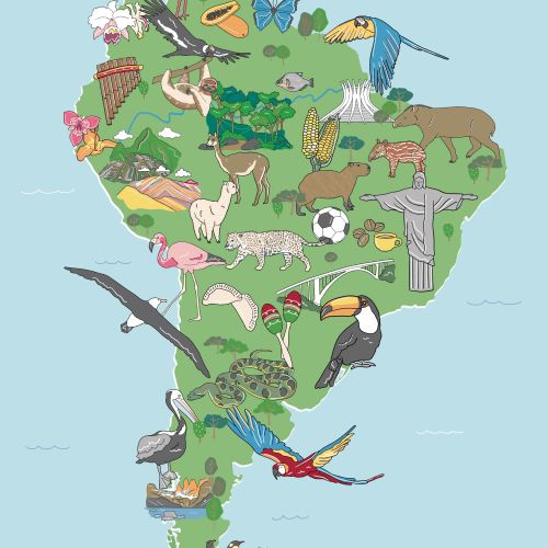 Wildlife map featuring animals across South American regions