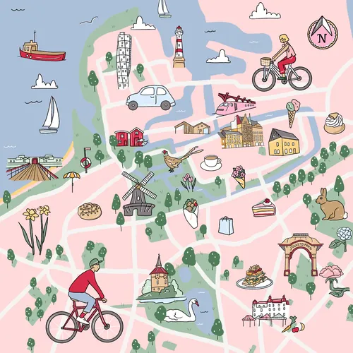 Hand-drawn city map of Malmö with landmarks
