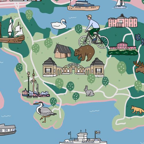 Map of Djurgården highlighting parks and museums