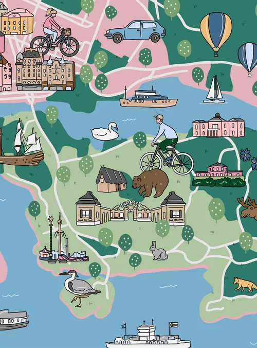 Map of Djurgården highlighting parks and museums