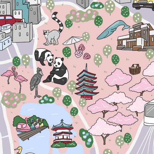 Hand-drawn map of Ueno highlighting parks and landmarks