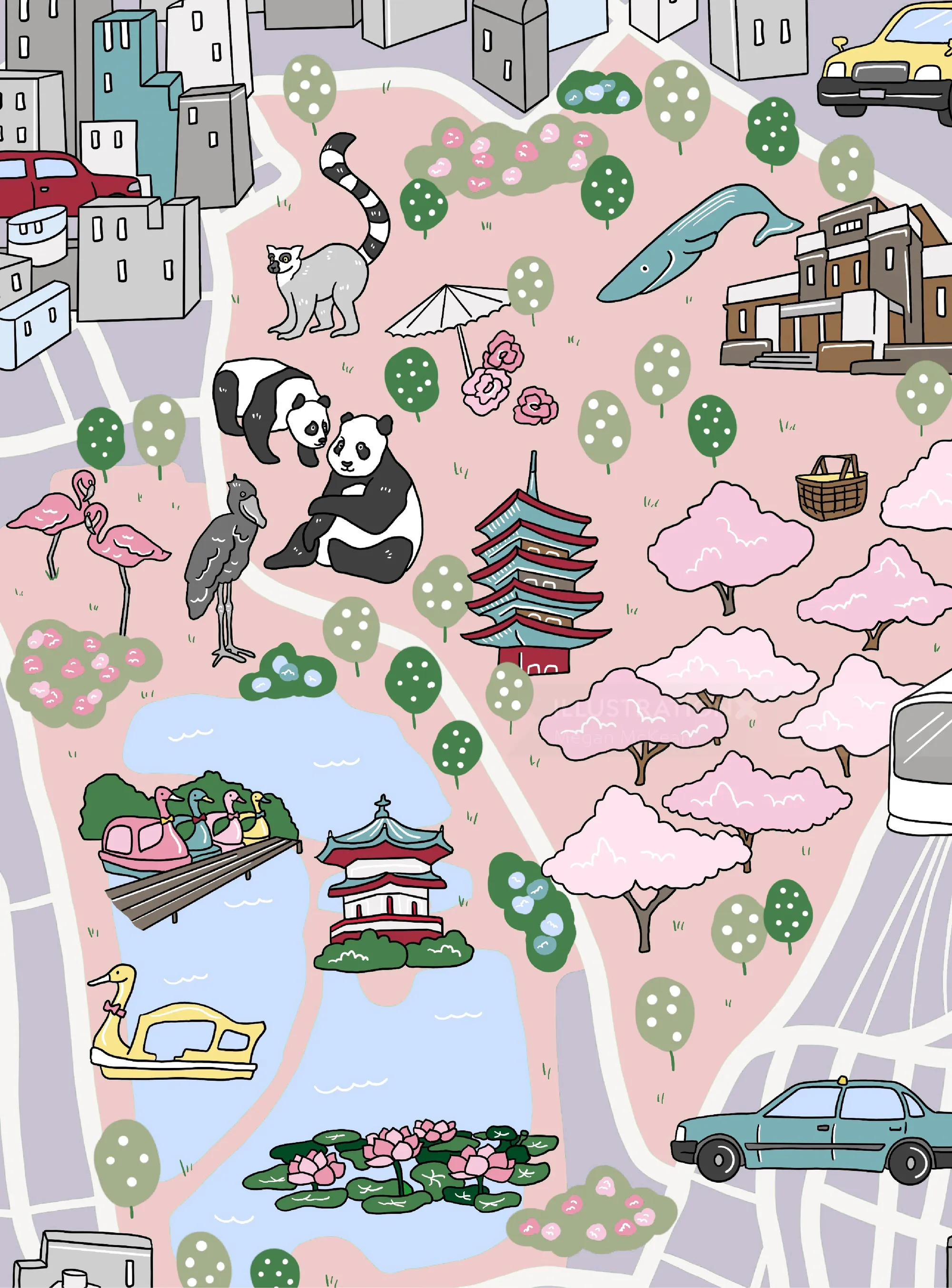 Hand-drawn map of Ueno highlighting parks and landmarks
