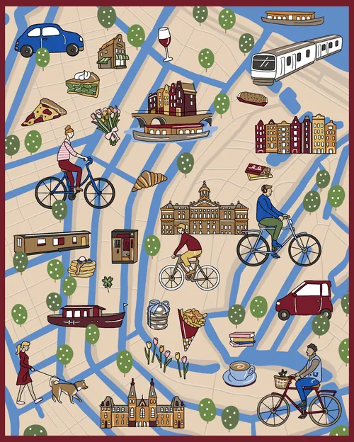 Tourist guide illustration of Amsterdam cycling culture