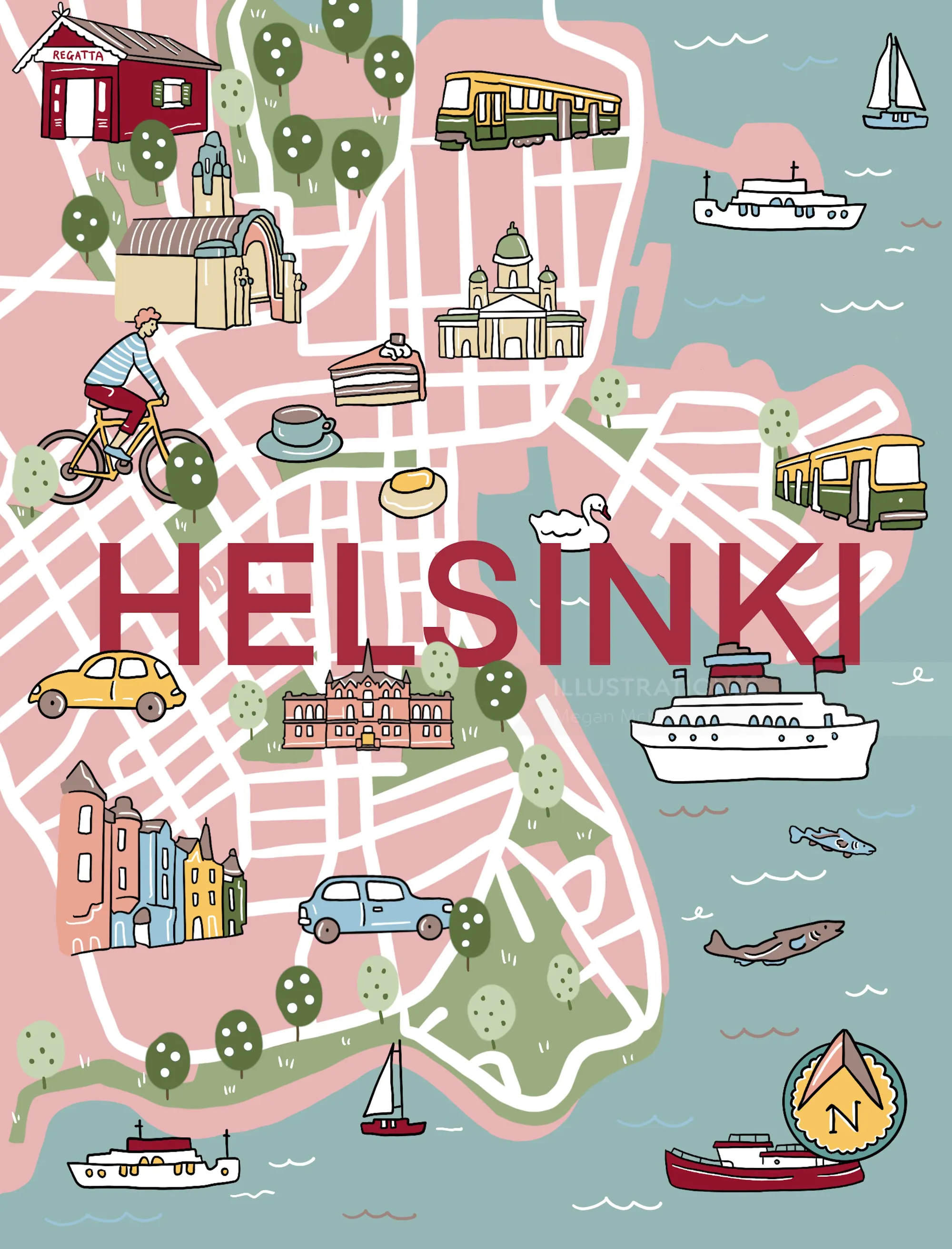 Decorative map of Helsinki with key locations
