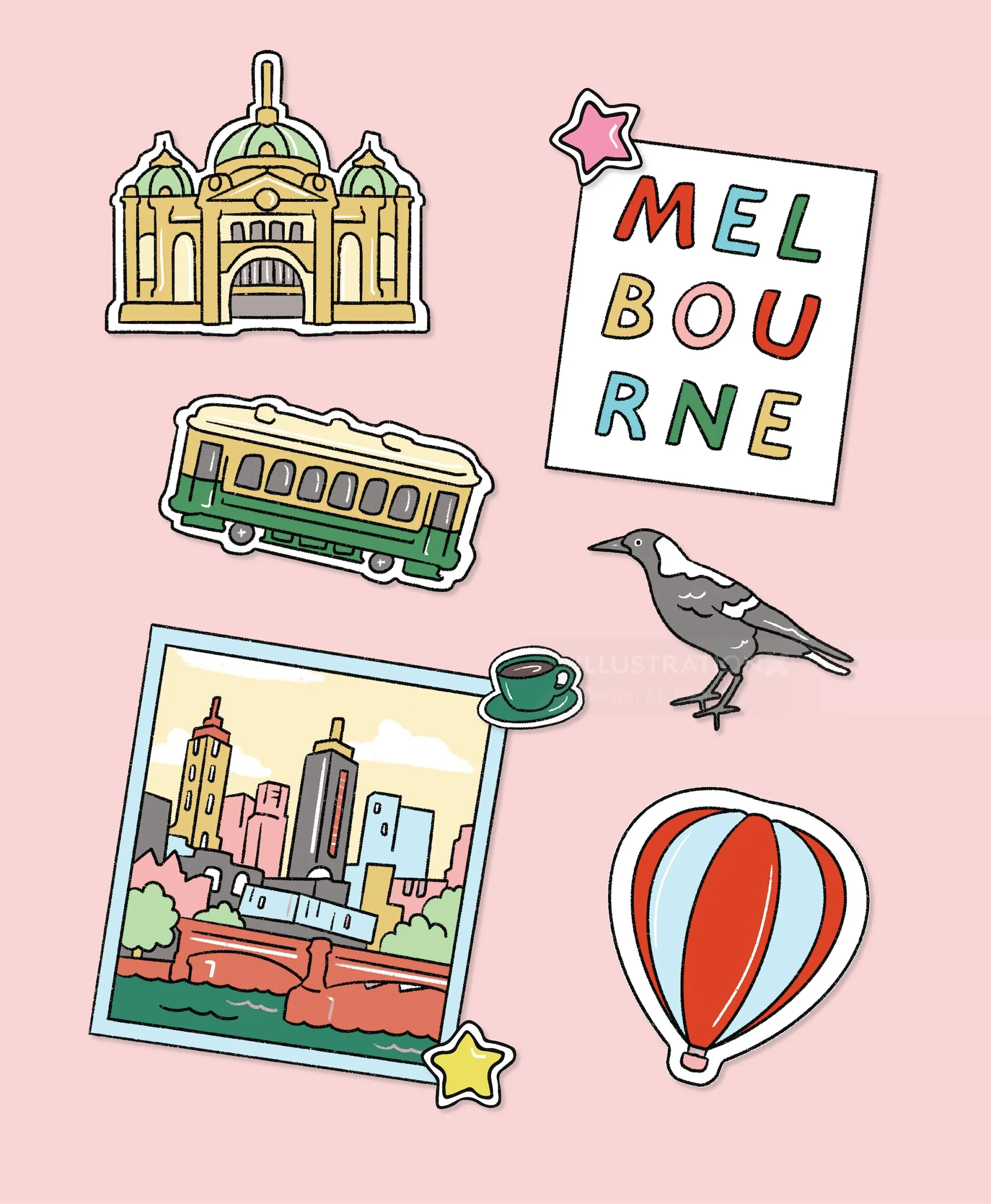 Illustrated stickers of Melbourne landmarks by Megan McKean