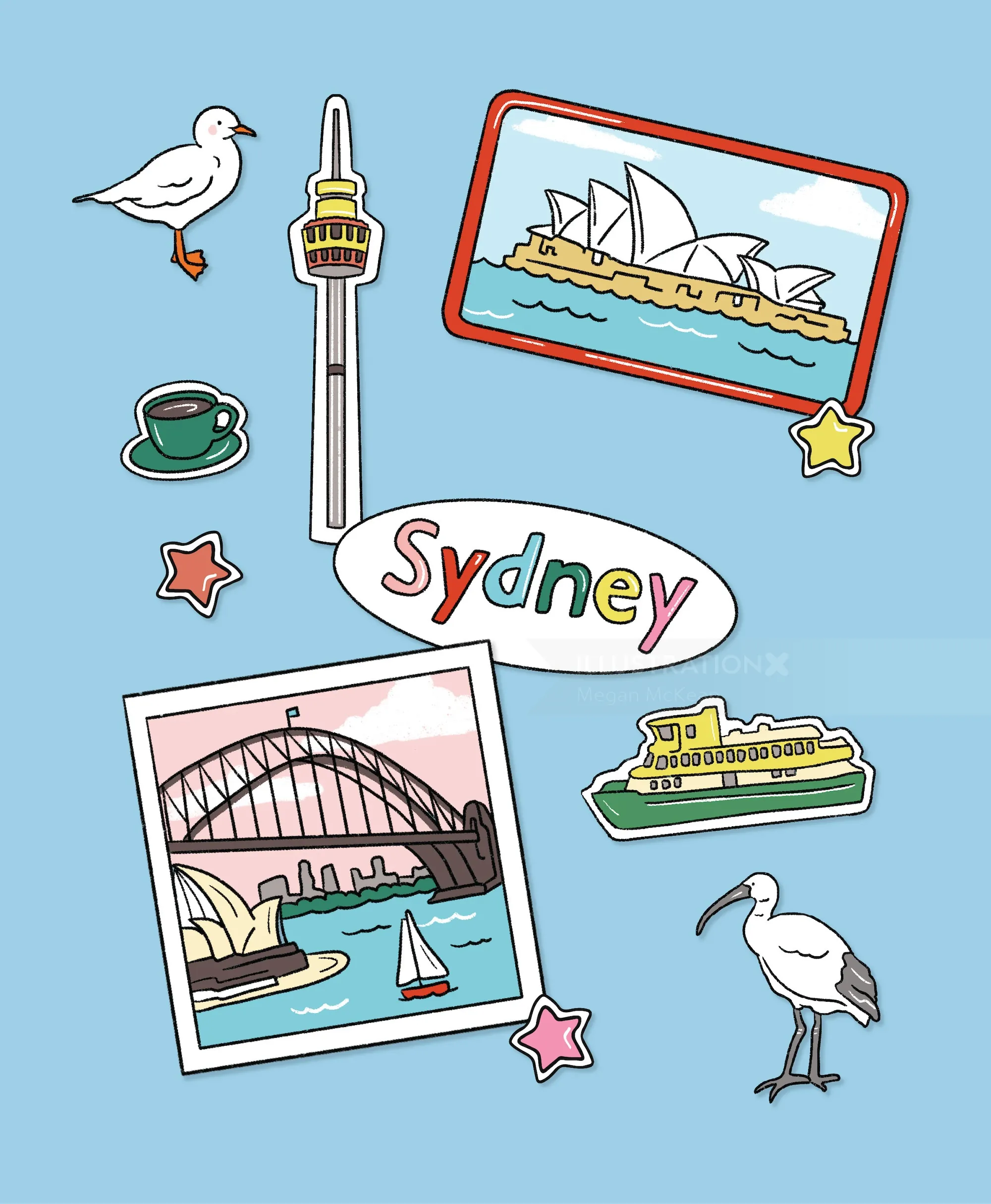 Illustrated stickers of Sydney Opera House, Harbour Bridge, boats, and birds by Megan McKean