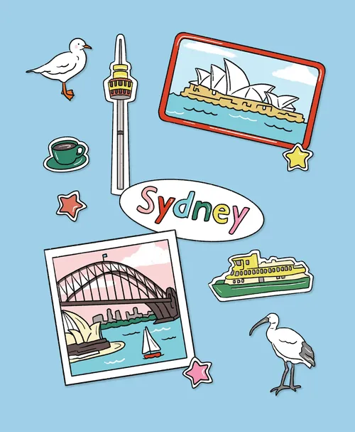 Illustrated stickers of Sydney Opera House, Harbour Bridge, boats, and birds by Megan McKean