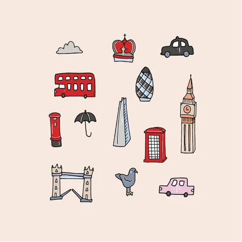 Illustrations of London icons including Big Ben and red phone box by Megan McKean