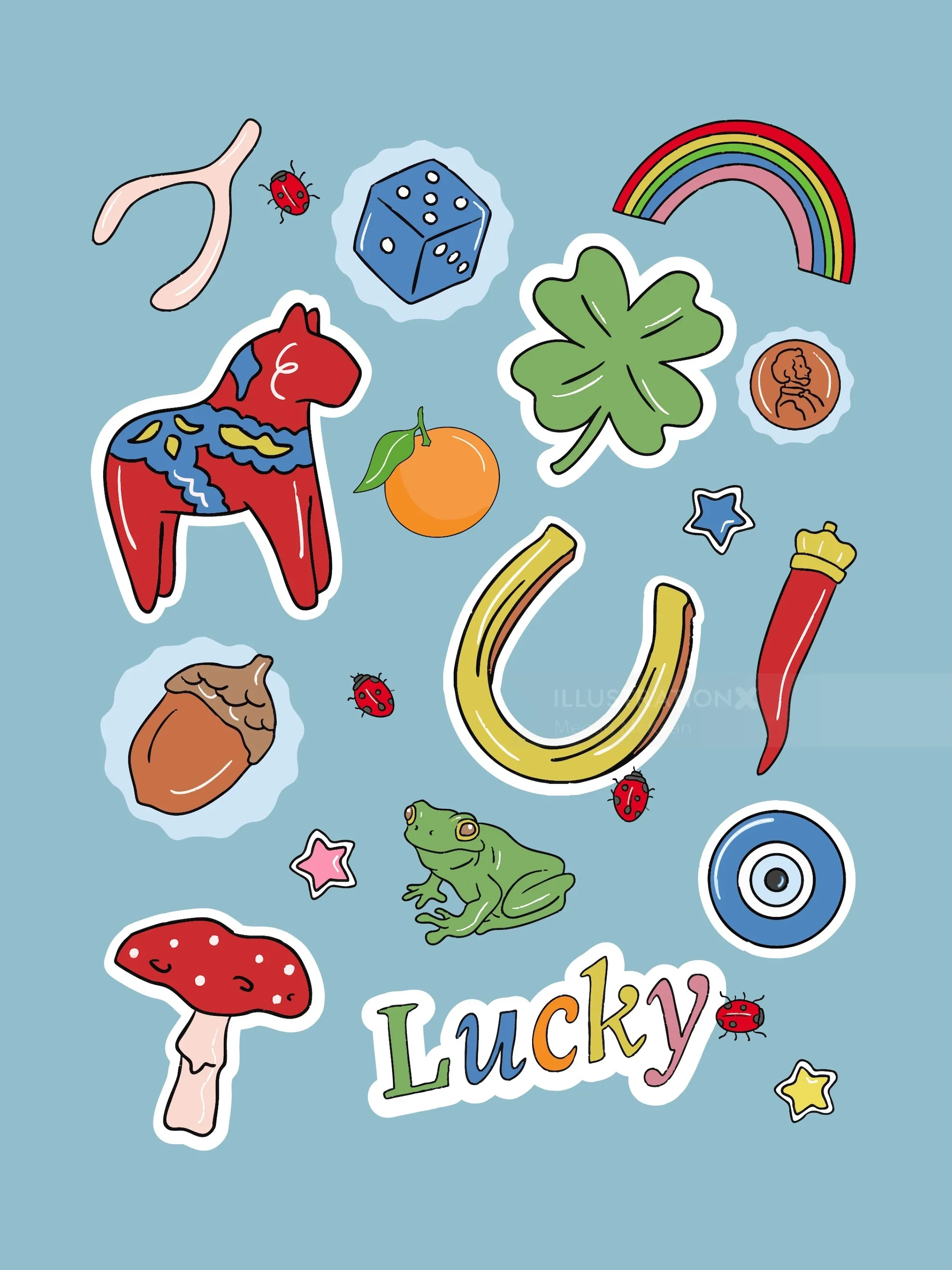 Illustration of lucky symbols including horseshoe, four-leaf clover, rainbow and frog by Megan McKea