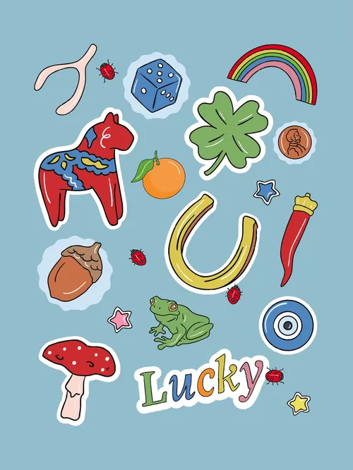 Illustration of lucky symbols including horseshoe, four-leaf clover, rainbow and frog by Megan McKea