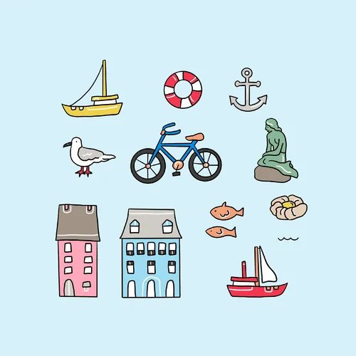 Illustration of Danish icons including bicycle, statue, boat by Megan McKean