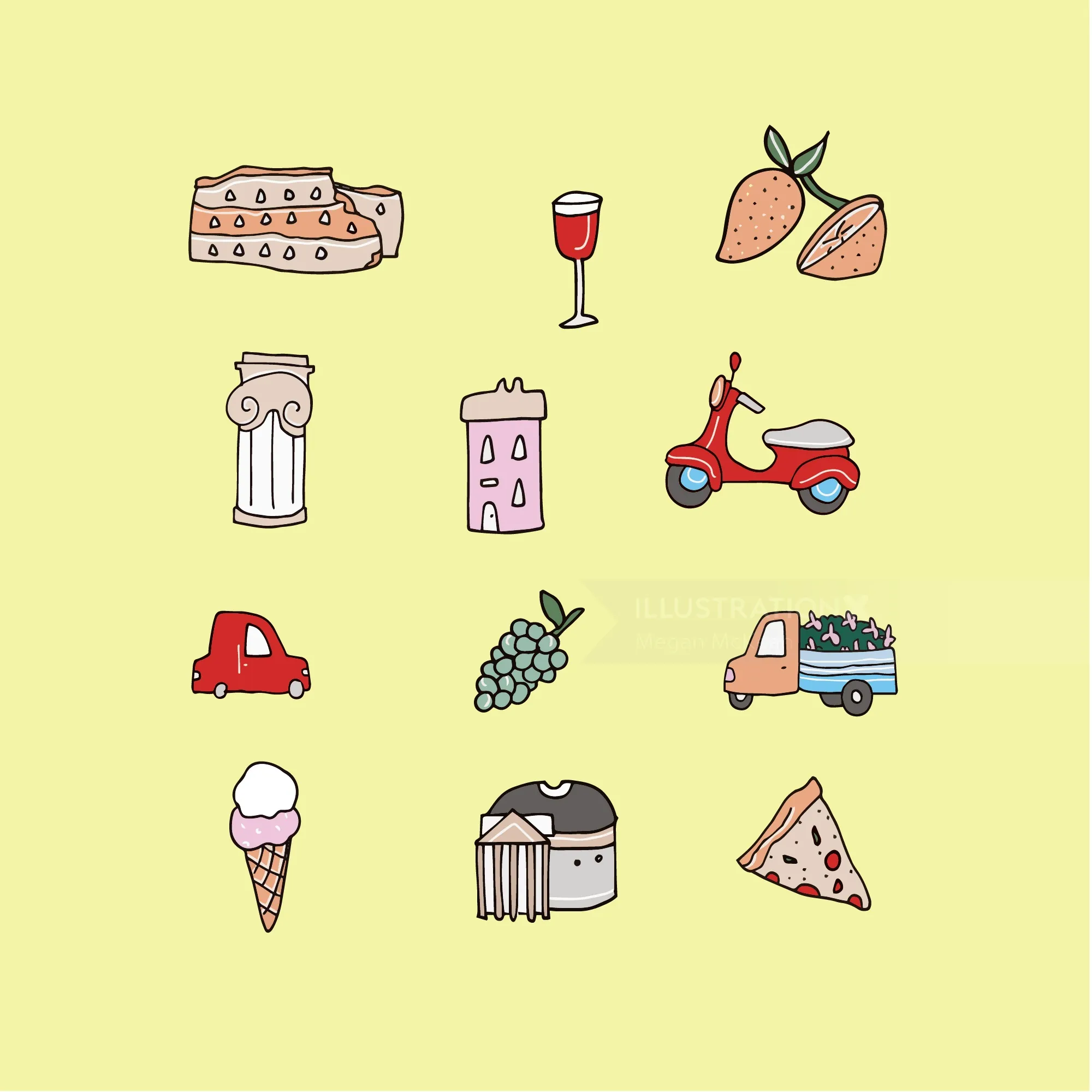 Colorful drawings of Italian icons like gelato, pizza, Vespa, and wine by Megan McKean