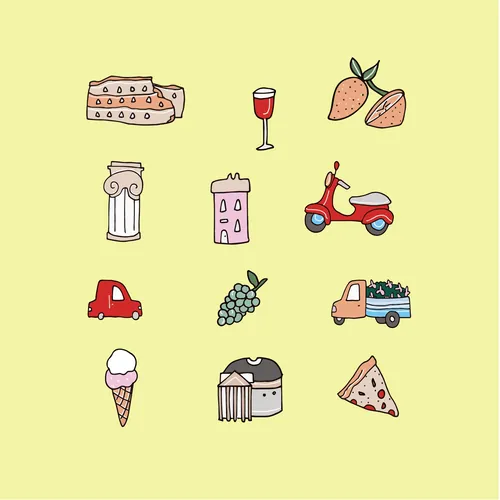Colorful drawings of Italian icons like gelato, pizza, Vespa, and wine by Megan McKean
