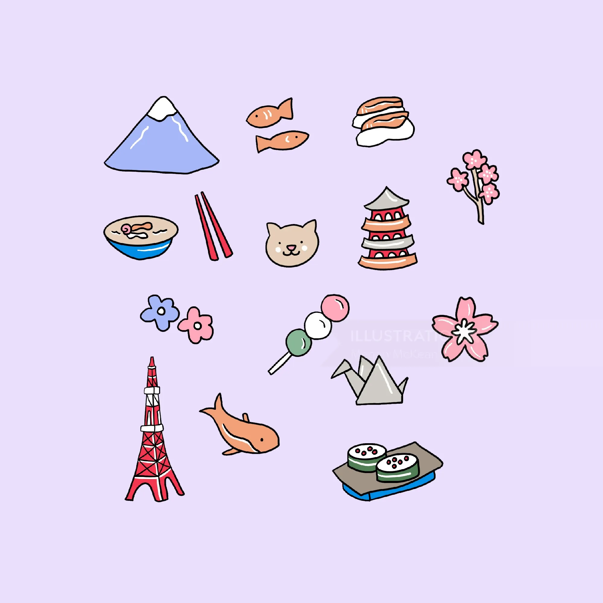 Illustration of Japanese cultural icons including Mt. Fuji and cherry blossoms by Megan McKean